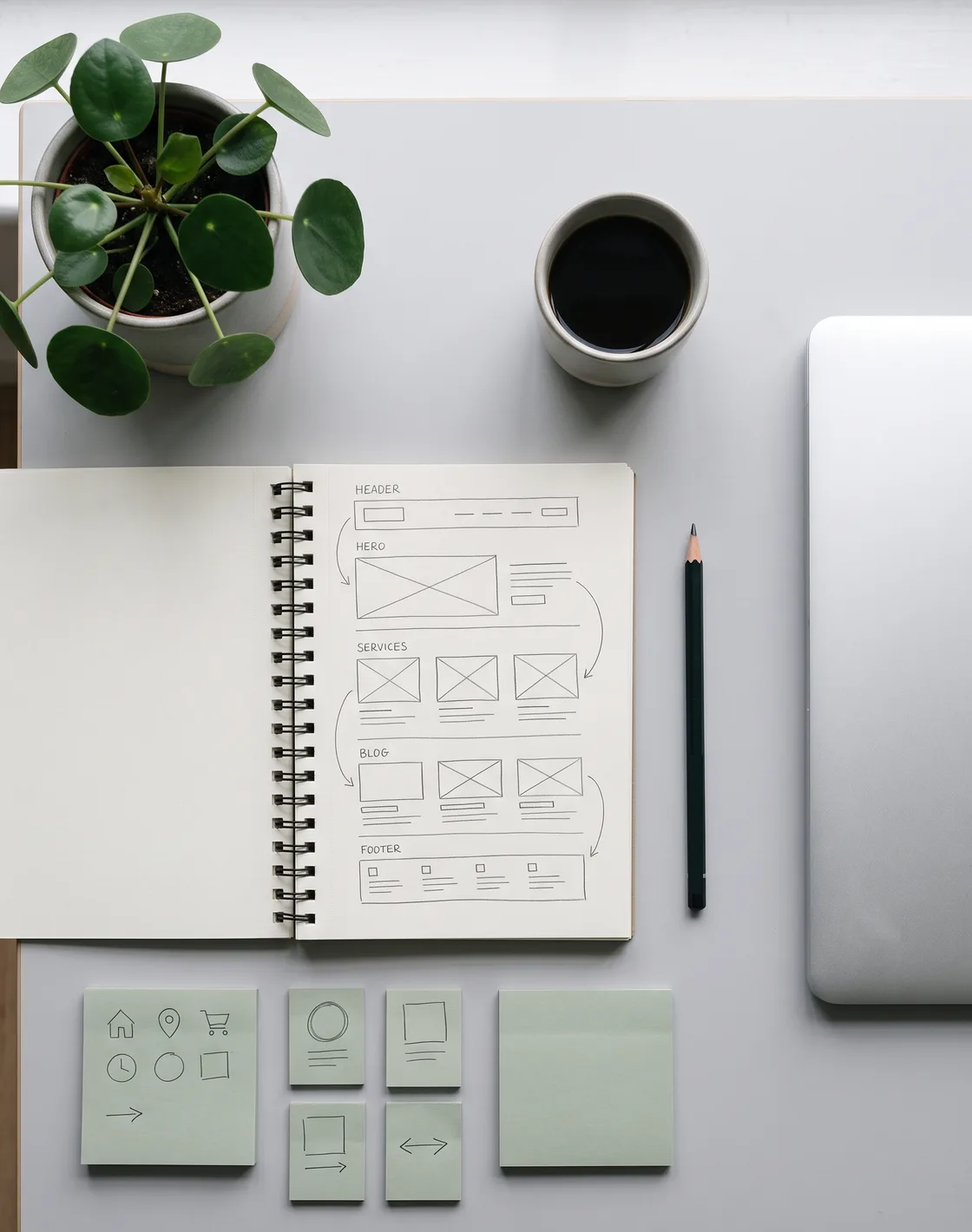 Een bureau van bovenaf: een schetsboek met het draadmodel van een website, schetsen van iconen op memoblaadjes, koffie en een laptop.