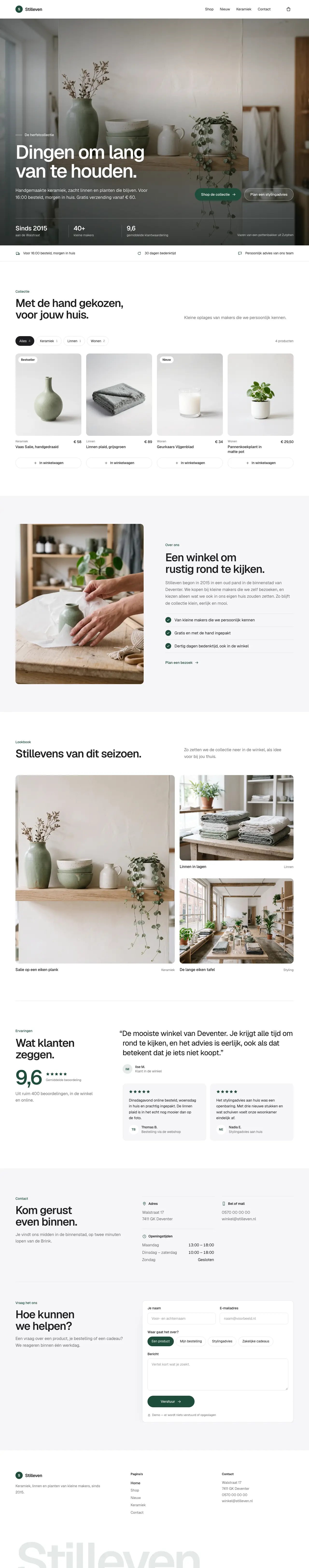 De homepage van de webshop van Stilleven, een verzonnen woonwinkel: een wandplank met keramiek en planten en de kop 'Dingen om lang van te houden.', met een knop 'Shop de collectie'. Daaronder een balk over levering, bedenktijd en advies, en vier producten met een foto, een prijs en een knop om ze in de winkelwagen te leggen.