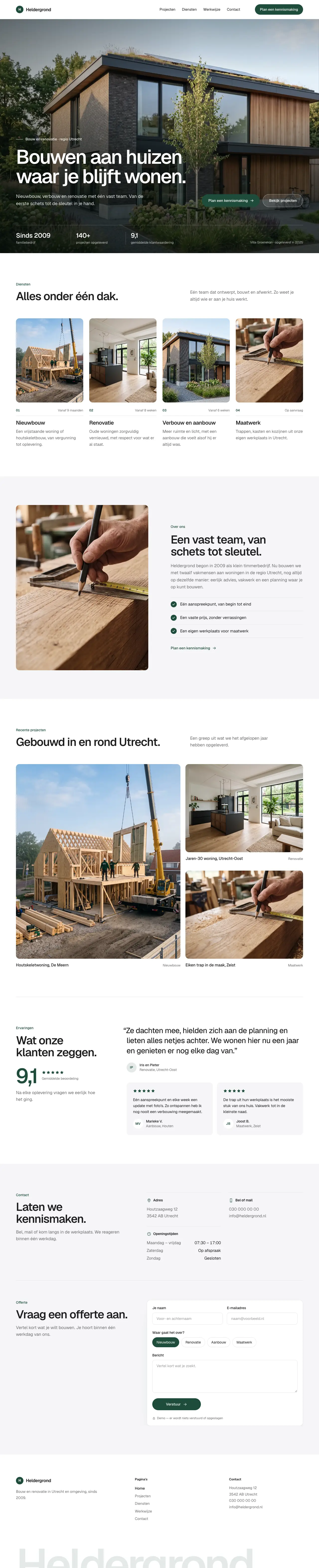 De homepage van Heldergrond, een verzonnen bouwbedrijf: een grote foto van een nieuwe woning met de kop 'Bouwen aan huizen waar je blijft wonen.' en een knop om een kennismaking te plannen. Daaronder vier diensten met foto's: nieuwbouw, renovatie, verbouw en aanbouw, en maatwerk.