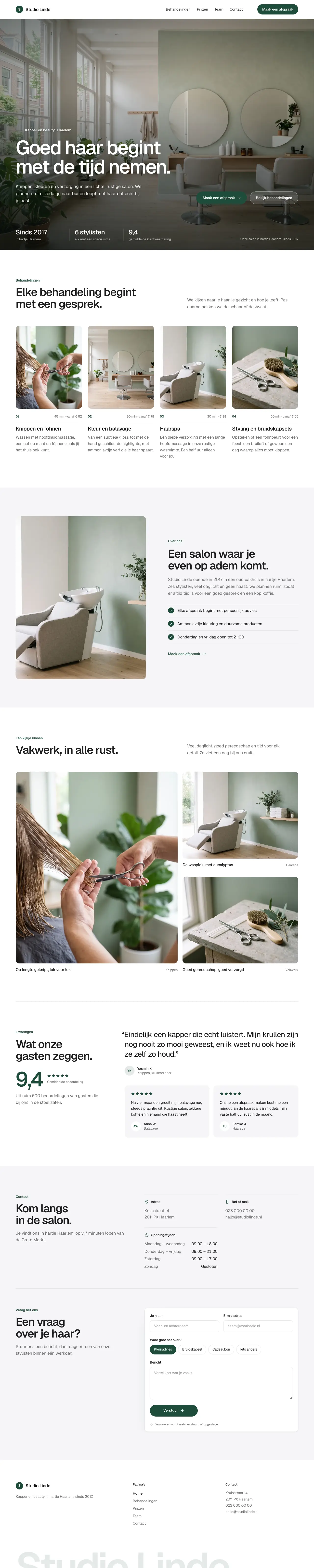 De homepage van Studio Linde, een verzonnen kapsalon: een lichte salon met ronde spiegels en de kop 'Goed haar begint met de tijd nemen.', met een knop 'Maak een afspraak' in het menu en in de kop. Daaronder vier behandelingen met een foto, hoe lang ze duren en wat ze kosten.